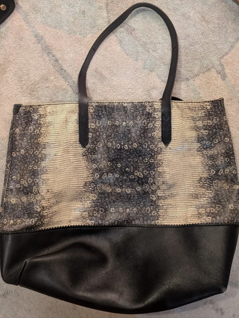 Like New J. Crew Downing Tote Bag in Black Leather and Snakeskin